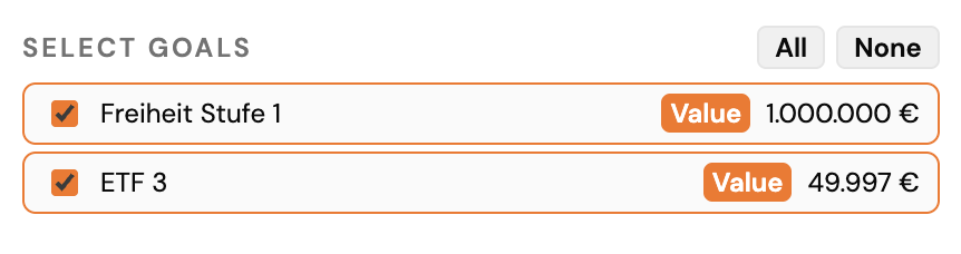 Wealth Dashboard goal selection.